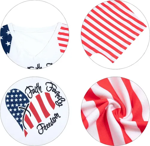 Vista 6 de Camisas patrióticas para mujer, camiseta con la bandera estadounidense, Faith Family Freedom Graphic Tee USA Star Stripes Tops