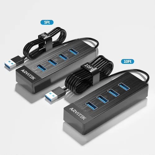 Vista 6 de Hub USB 3.0 de 4 puertos para escritorio, concentrador USB de 5 Gbps, adaptador multipuerto USB, divisor USB con cable de 5 pies de largo
