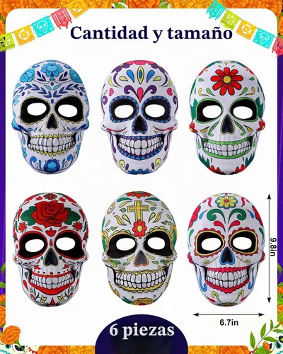 Vista 2 de RoundFunny 6/12 máscaras del Día de los Muertos para adultos Halloween