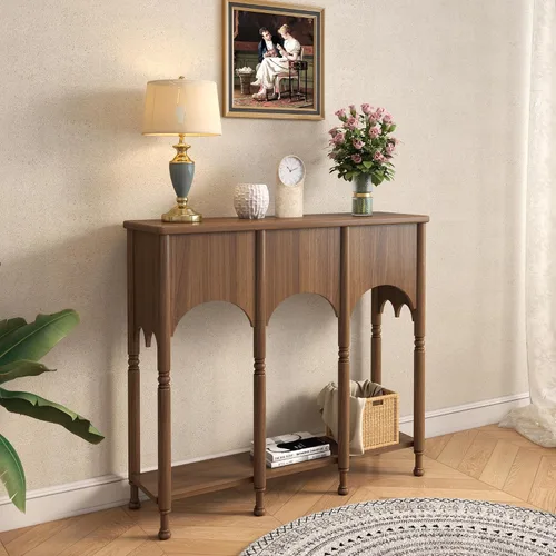 Vista 11 de Mesa consola con estante de almacenamiento, mesa de entrada pequeña y estrecha de 28 pulgadas Mesa de madera vintage con patas de estilo romano