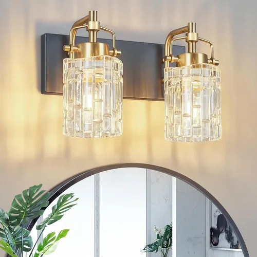 Vista 17 de Luz de Tocador de Baño de 2 Luces Moderna con Soporte de Vidrio de Cristal Luz de Baño Negra Accesorios de Iluminación de Tocador de Cristal