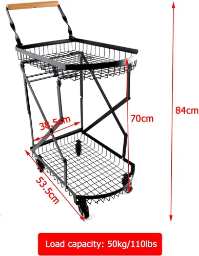 Vista 2 de Carrito plegable multiusos de 2 niveles, carrito de compras plegable móvil con caja de almacenamiento de ruedas y mango de madera para oficina, sala