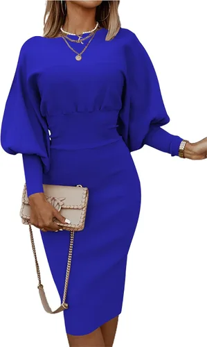 Vista 5 de Vestido de manga larga tipo farol para mujer, elástico, cintura alta, formal, bodycon, vestido midi
