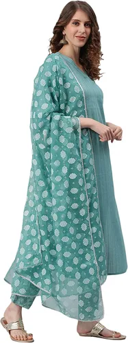 Vista 5 de Janasya Kurta de algodón azul para mujer con pantalón y estampado Dupatta