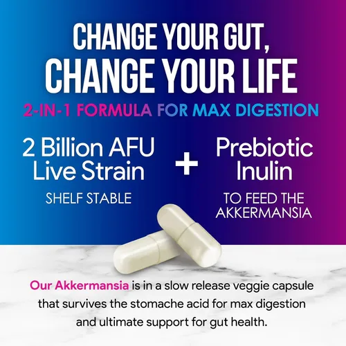 Vista 3 de Akkermansia Suplemento para la salud intestinal - Probiótico Akkermansia prémium con fibra prebiótica - Akkermansia Muciniphila 2 mil millones