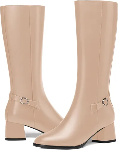 Vista 6 de AMBELIGHT Botas de tacón bajo grueso para mujer, con puntera redonda, color liso, con cremallera, 2 pulgadas
