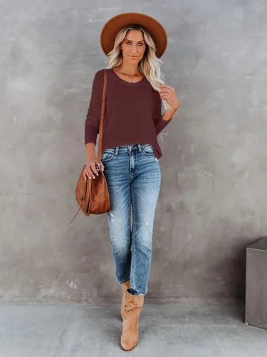 Vista 5 de SOLERSUN Womens Waffle Knit Tops Long Sleeve Crewneck Casual Loose Blouses Lightweight Pullover Jumper 2023 Fall
