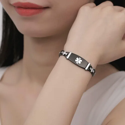 Vista 30 de LinnaLove Lady Medical Alert - Pulseras médicas de acero inoxidable para mujer, 7.5 pulgadas