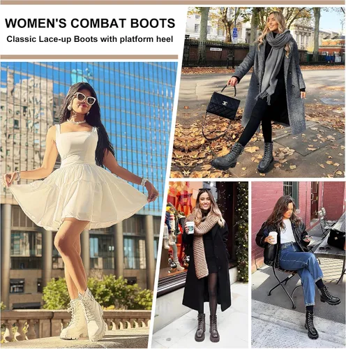 Vista 2 de Vepose Botas de combate para mujer, botines de plataforma con cordones y tacón grueso con cremallera
