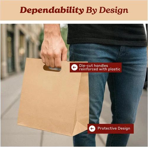Vista 3 de PTP BAGS - Bolsas naturales y blancas de papel de estraza, 11 x 6 x 11 pulgadas, bolsas para servicio de alimentos