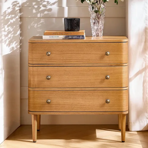 Vista 13 de HULALA HOME Mesa auxiliar moderna con estación de carga, mesa auxiliar de madera de 3 cajones con patas de madera maciza y patas ajustables, mesa