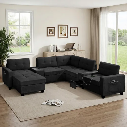 Vista 20 de Sofá modular de 103 pulgadas con 2 consolas acrílicas, juego de sofá en forma de U de gran tamaño con cargador USB, cajones de almacenamiento, Beige