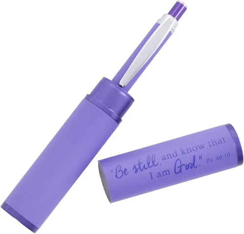 Vista 2 de Bolígrafo de Bola Christian Art Gifts Morado con Referencia al Versículo del Salmo 46:10