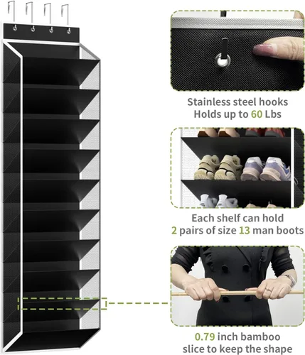 Vista 6 de KEEPJOY Organizador de zapatos de 10 niveles con malla para puerta, colgante con soporte para zapatos para puerta con bolsillos grandes y profundos