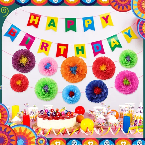 Vista 5 de Geyee 27 piezas de flores de papel mexicanas coloridas para fiestas, carnaval mexicano para telón de fondo de fiesta floral, cumpleaños, boda