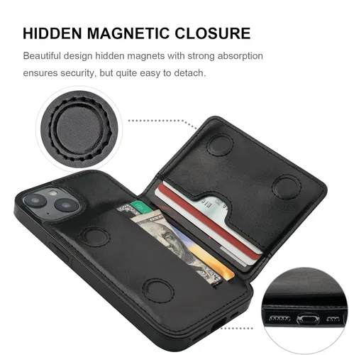 Vista 7 de KIHUWEY Funda compatible con iPhone 14, tarjetero de cuero de primera calidad, cierre magnético oculto, duradero, a prueba de golpes, para iPhone 14