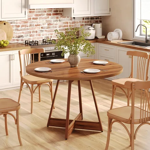 Vista 3 de LITTLE TREE Mesa de comedor redonda de 39 pulgadas para 2-4, mesa de cocina circular de granja para comedor, mesa de comedor de madera con pedestal