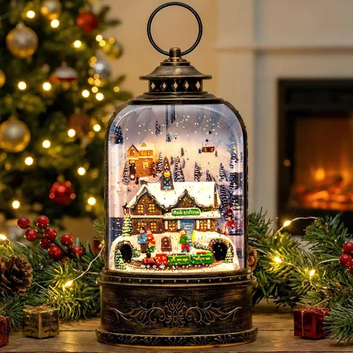 Vista 16 de Linterna de globo de nieve de Navidad con agua con escena de jengibre, funciona con batería o USB, luz musical iluminada, decoración festiva