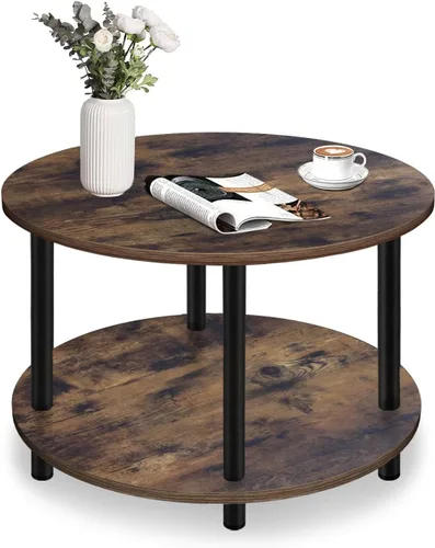 Vista 6 de Mesa de Centro Redonda Pequeña con Almacenamiento Abierto para Espacios Pequeños, 23.5" Negra Mesa Central de Madera de 2 Niveles para Sala de Negro