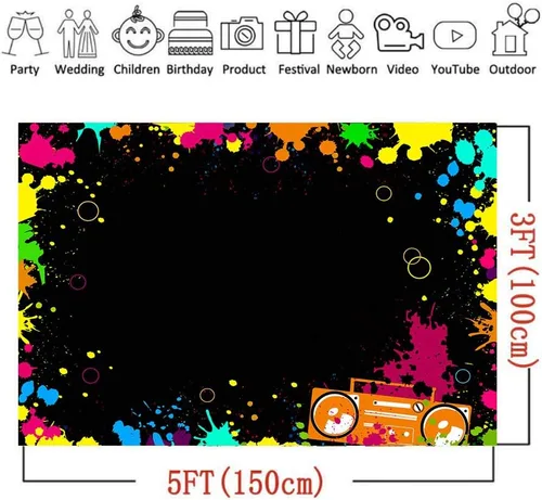 Vista 5 de Fondos de fotografía de neón brillantes para fiestas Let's Glow Splatter Fondo fotográfico de 5 x 3 pies, luz negra, colorido, rayo láser, disco