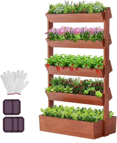 Vista 10 de DoCred Cama de jardín vertical elevada de madera, 4 niveles mejorados, soporte de madera independiente para plantas, hierbas, flores, verduras