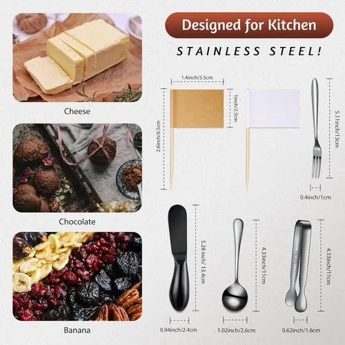 Vista 2 de 14 piezas de accesorios para tabla de embutidos, juego de cuchillos para untar queso, utensilios de embutidos de acero inoxidable, cuchillos Negro