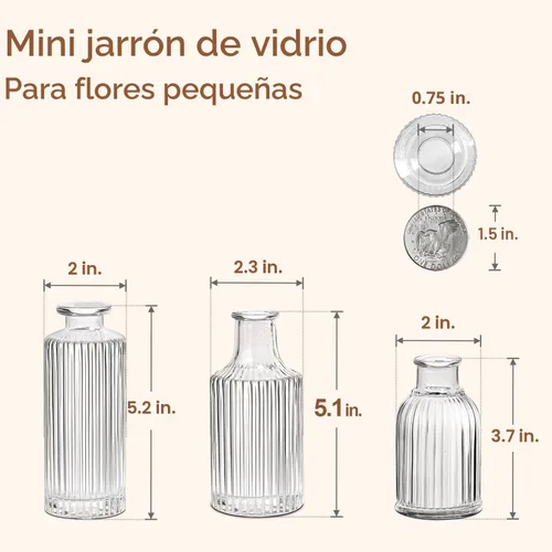 Vista 3 de ComSaf Juego de jarrones de brotes de vidrio de 3, jarrones de flores pequeños a granel, jarrones mini acanalados para centros de mesa, jarrón