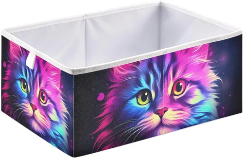 Vista 2 de Vnurnrn Cubo de almacenamiento plegable con impresión de gato morado brillante, cestas organizadoras con tablero de soporte para armario de estante