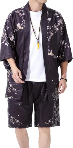 Vista 10 de PRIJOUHE Mens Kimono Two Piece Set Japanese Yukata Summer Beach Outfits