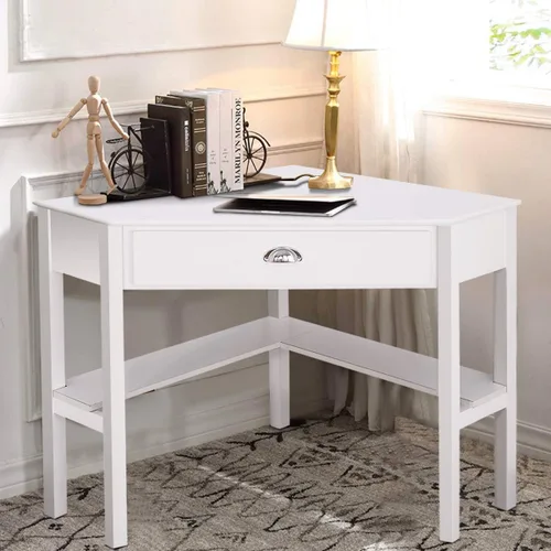 Vista 12 de RELAX4LIFE Escritorio esquinero para computadora triangular con cajón y estantes, mesa estable para computadora portátil, escritorio para oficina