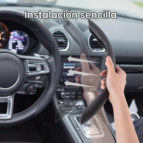 Vista 6 de Amiss Funda de cuero de napa para volante, 2 protectores de rueda segmentados, funda universal para volante de automóvil del 99% (negro)