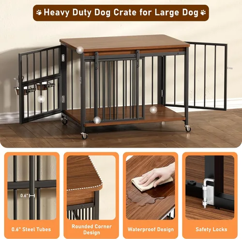 Vista 4 de Cofiyard Muebles de Jaula para Perros, Perrera de Madera de 32'' para Interiores con Puerta Frontal Deslizante, Aberturas Multi-Laterales y Ventana