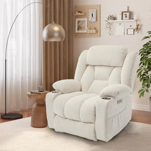 Vista 2 de FLEXISPOT Silla reclinable eléctrica con masaje y calor, silla elevadora de un solo motor, tapicería de tela de felpilla, USB/tipo C, portavasos