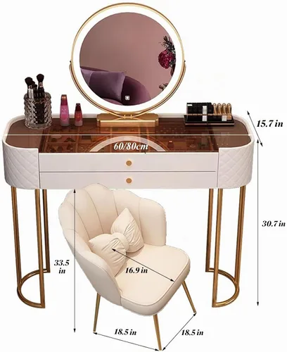 Vista 7 de Escritorio de tocador con espejo de luces regulables, mesa de tocador de maquillaje con 2 cajones y mesa de cristal, juego de mesa de tocador