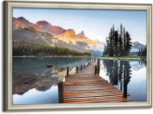 Vista 14 de Arte de Pared en Lienzo de Paisaje de Lago: Pintura Moderna Relajante del Horizonte al Atardecer, Impresión Simple y Natural de Barco y Juncos