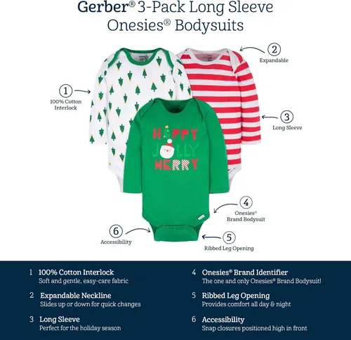 Vista 6 de Gerber Paquete de 3 mamelucos unisex de manga larga para bebé