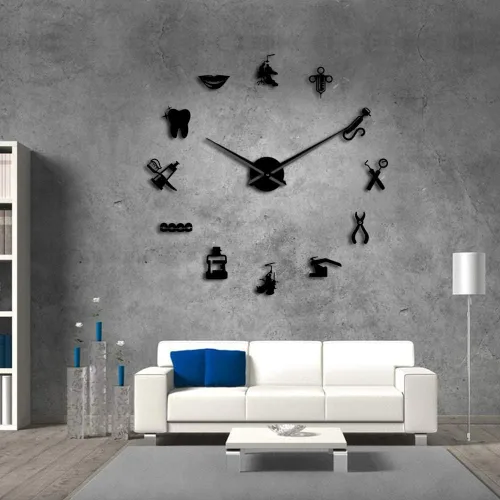 Vista 4 de The Geeky Days Reloj de pared gigante con signo de dentista con efecto espejo, reloj dental, arte de pared, decoración del hogar, reloj grande sin