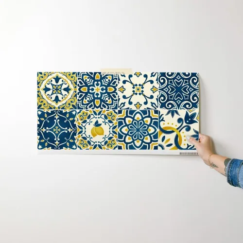 Vista 7 de Papel tapiz para despegar y pegar – Azulejos amarillos Limones Cheater Quilt Italiano Mediterráneo Azulejos Siciliano Karge Escala Toscana, Papel