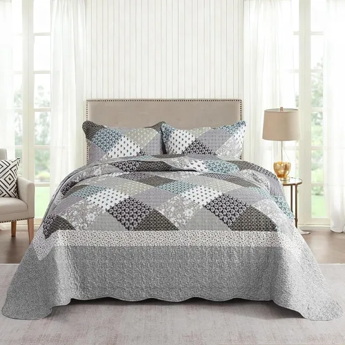 Vista 14 de NEWLAKE Juego de colchas tamaño queen, conjunto de colcha de algodón con diseño de retazos en colores azul y negro con patrones a cuadros, colcha