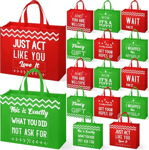 Vista 9 de Zonon 8 bolsas de regalo divertidas de Navidad con asas, bolsas de favor de fiesta de Navidad rojas y verdes con frases humorísticas, suministros