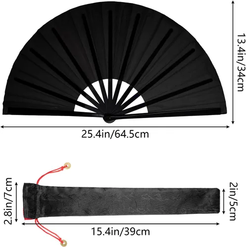 Vista 3 de Nydotd Paquete de 1 abanico grande de mano plegables de nailon plegable con funda de soporte para hombres y mujeres, línea de actuación, danza, kung