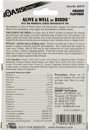 Vista 2 de OASIS #80070 Alive and Well, Stress Preventative & Pro-Biotic Tablets for Birds, blanco, 1 unidad (paquete de 1)