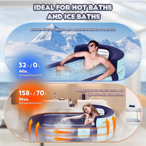 Vista 4 de Bañera inflable para adultos de 63 pulgadas con bomba de aire inalámbrica, ideal para baño de hielo caliente, diseño de drenaje rápido con manguera