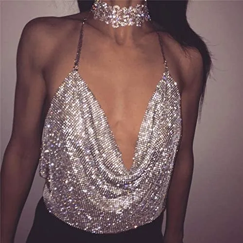 Vista 3 de Mujeres Sexy Brillante Rhinestone Crop Tops Cadena de Metal Halter Tank Top V Cuello Camisola para Festival Club Party Raves