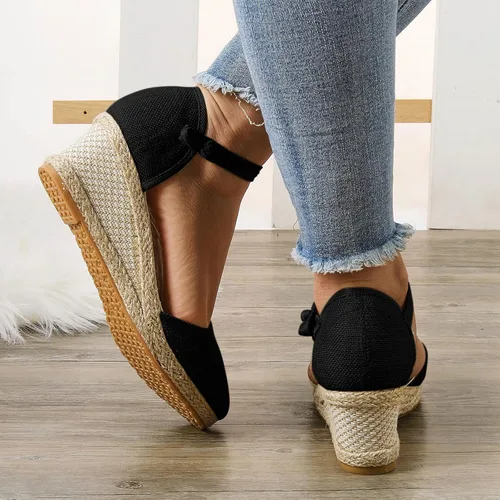 Vista 3 de Womenyiaor Sandalias para mujer de verano elegantes, sandalias de cuña con correa al tobillo y punta cerrada de alpargata para mujer, sandalias