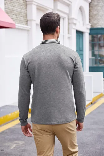 Vista 4 de COOFANDY Polo de manga larga para hombre, cuello a rayas, casual, ajustado, de algodón