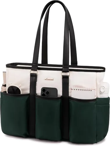 Vista 27 de LOVEVOOK bolso tote vintage para laptop para mujer, Beige-Negro, 15,6 pulg., Moda