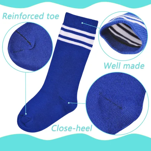 Vista 4 de LO SHOKIM Calcetines hasta la rodilla para niños pequeños, calcetines de fútbol para niñas, tres rayas sobre la pantorrilla, uniforme escolar
