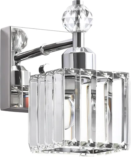 Vista 18 de PRESDE Aplique de pared de cristal único, lámpara de tocador cromada moderna, lámpara de pared de 1 luz para baño, dormitorio, pasillo