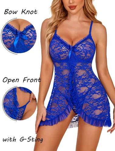Vista 2 de ADOME Lencería babydoll para mujer con encaje con aros para dormir, vestido de lencería nupcial